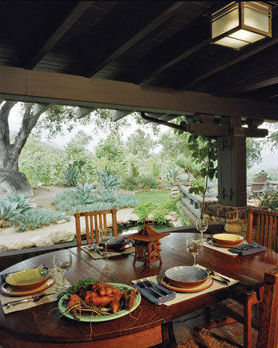 
The Greenes' interest in Japanese architecture is clear in the design of the back veranda. Bill Moses purchased the table and chairs, made by Arts and Crafts designers Gustav Stickley and Chrles Limbert, from the famed Ahwahnee Hotel in California's Yosemite Valley.
